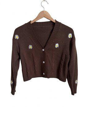 Daisy Embroidered Cropped V Neck‎ Cable Knit Brown Cardigan SHEIN S Cottagecore